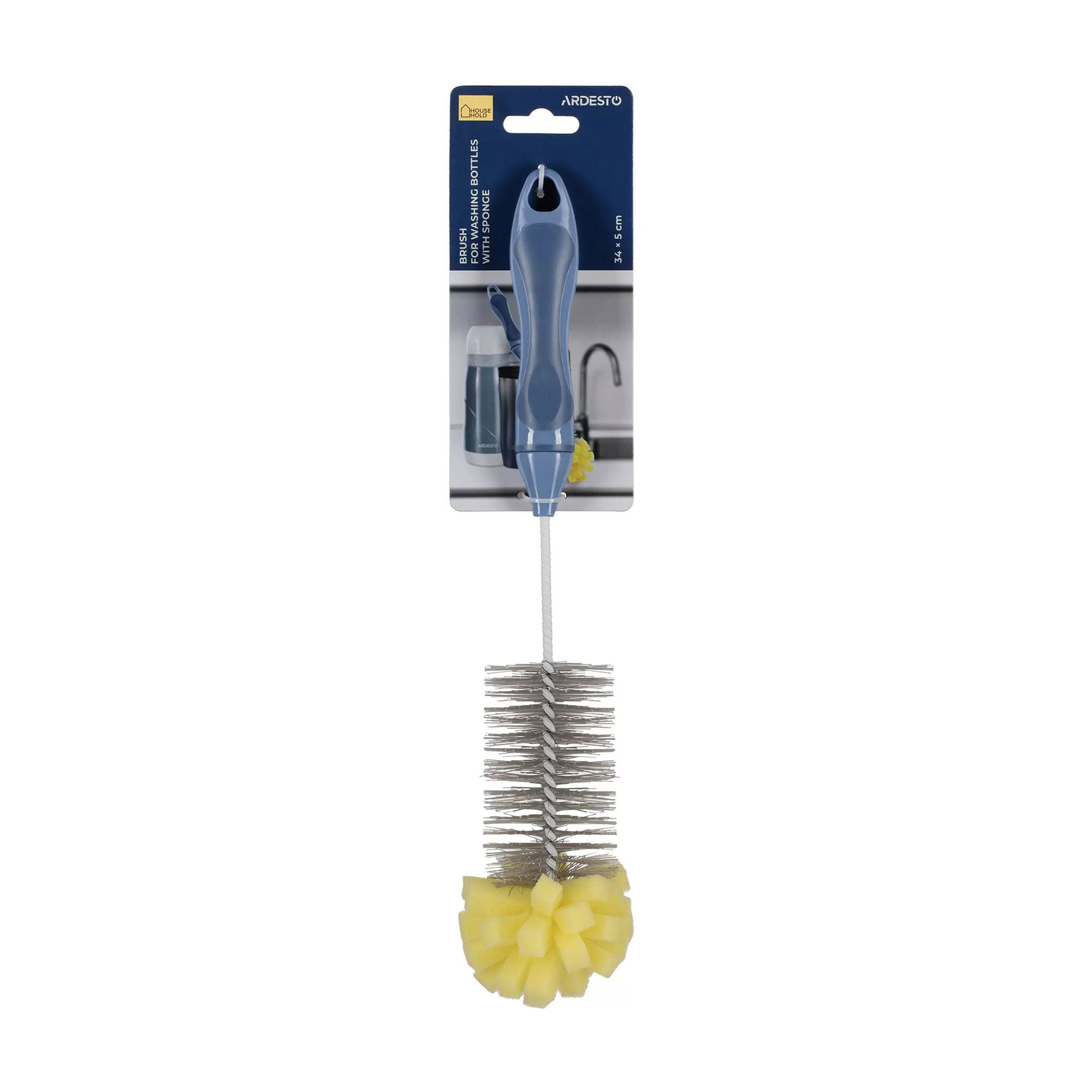 Щітка для миття пляшок Ardesto Solid з губкою, блакитна, 34*5 см (ARHK4203B)