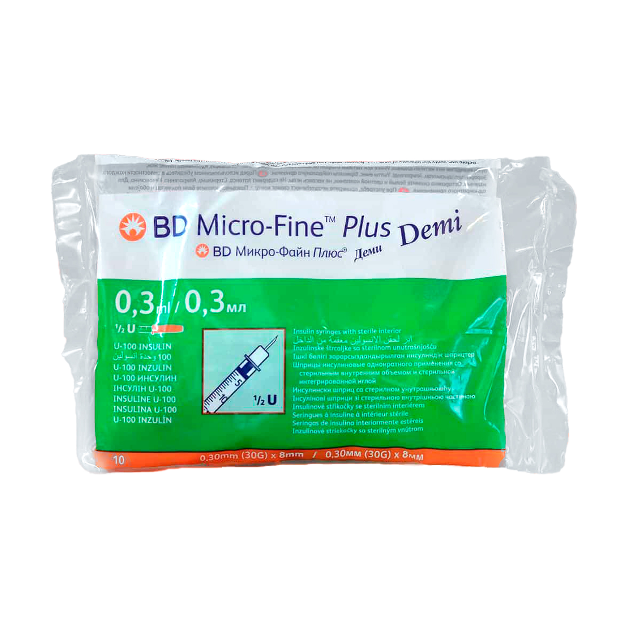 Шприц ін'єкційний інсуліновий BD Micro-Fine Plus Demi U-100, розмір 30G, 0.3*8 мм, 0.3 мл (10 шт)