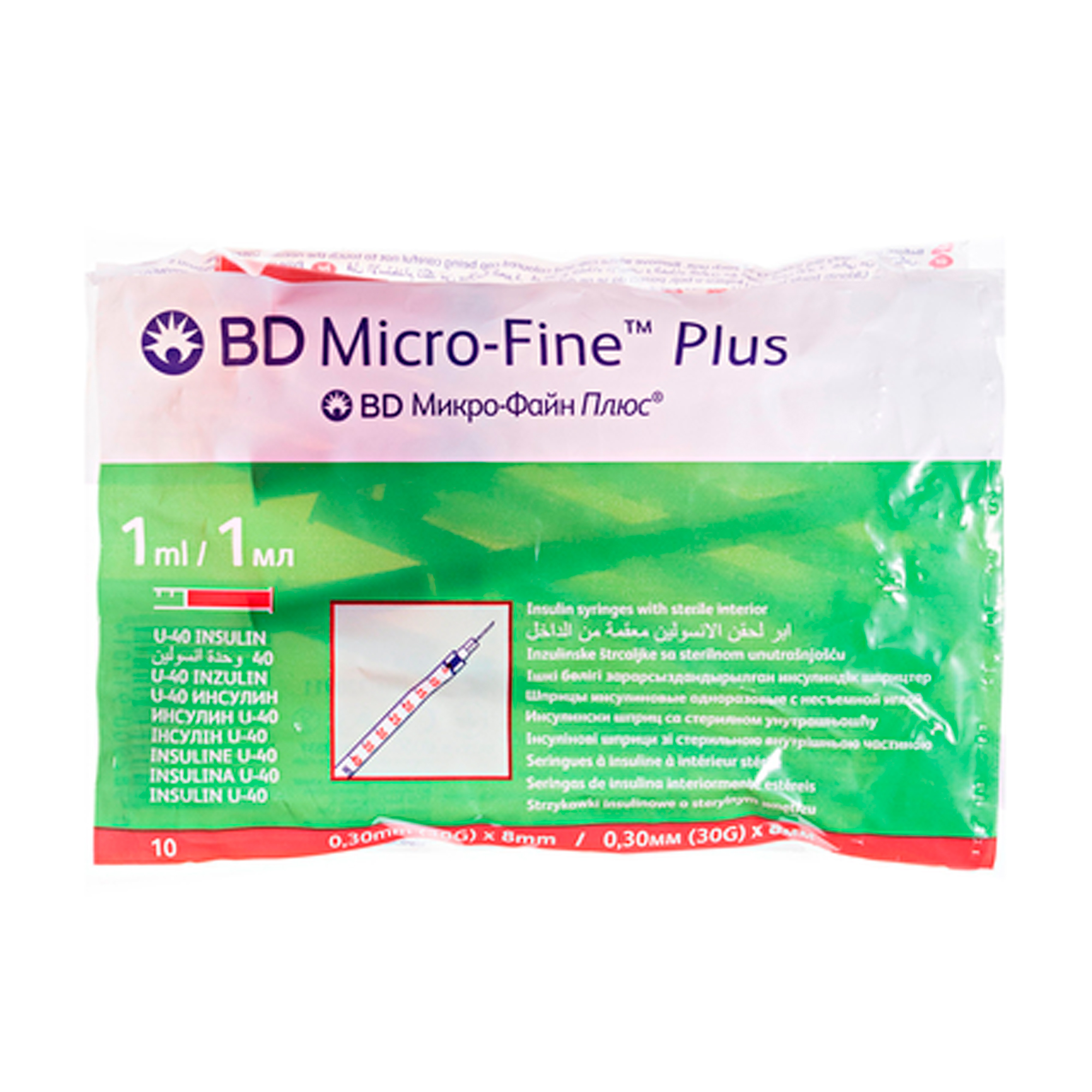 Шприц ін'єкційний інсуліновий BD Micro-Fine Plus U-40, розмір 30G, 0.3*8 мм, 1 мл (10 шт)