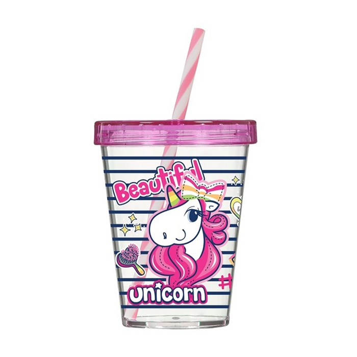Склянка з трубочкою Herevin Unicorn з пласкою кришкою, 450 мл (161441-003)