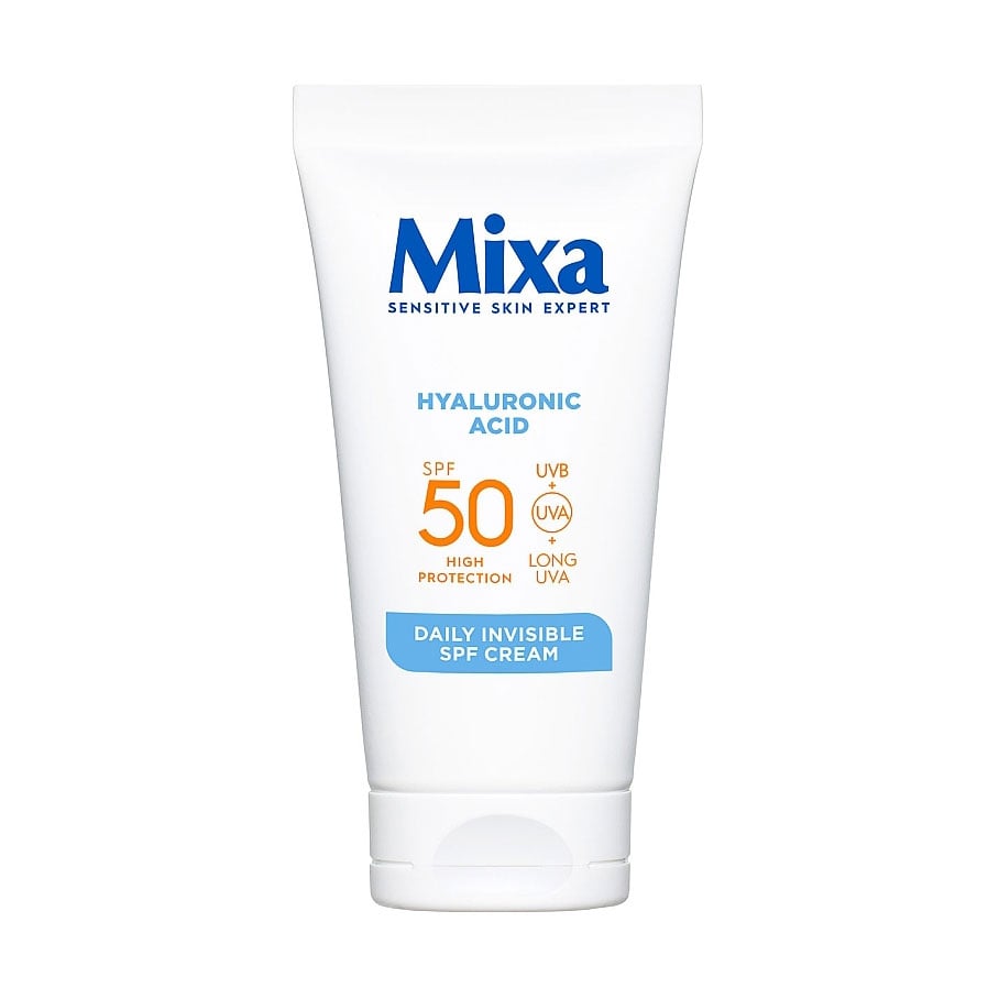 Сонцезахисний крем для обличчя Mixa Hyaluronic Acid Daily Invisible SPF Cream, SPF 50, для чутливої шкіри, з гіалуроновою кислотою, 50 мл