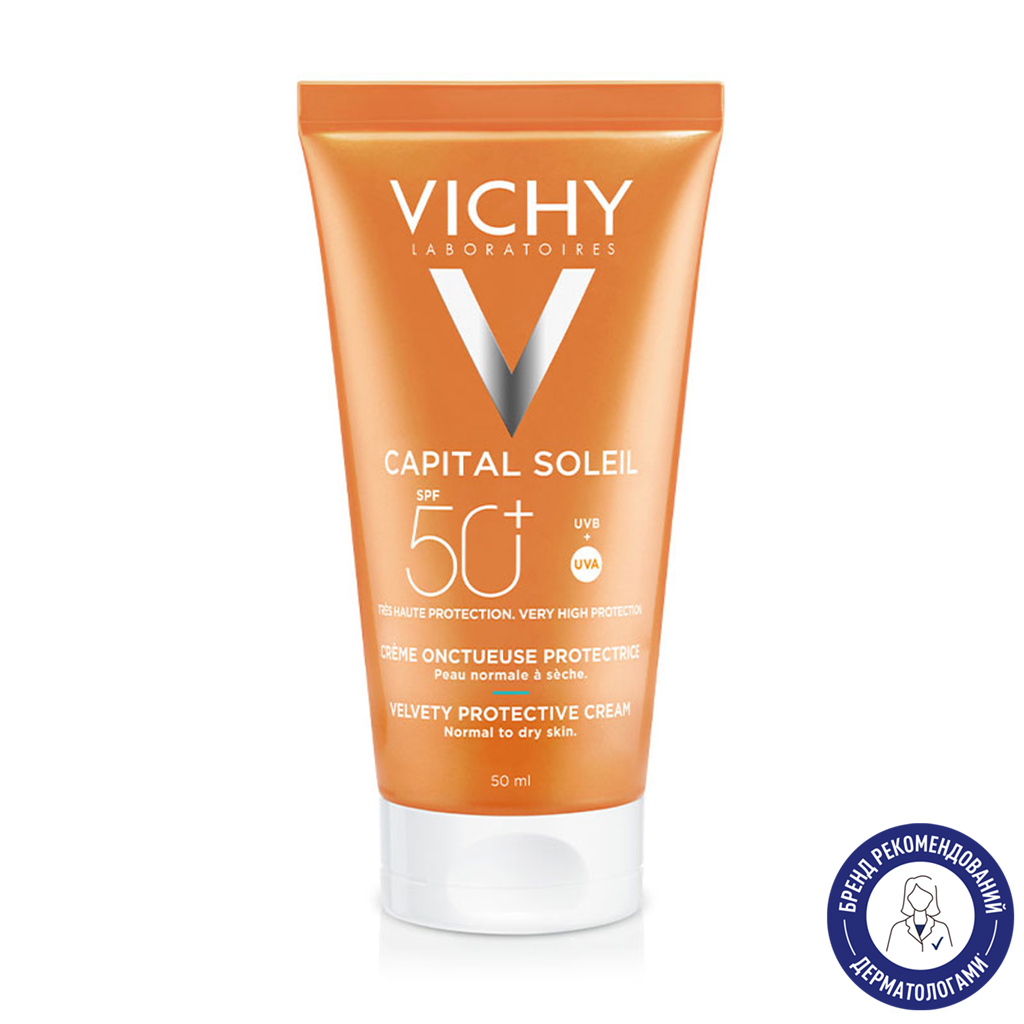 Сонцезахисний крем для обличчя Vichy Capital Soleil Velvety Cream SPF 50+ для нормальної та сухої чутливої шкіри, 50 мл