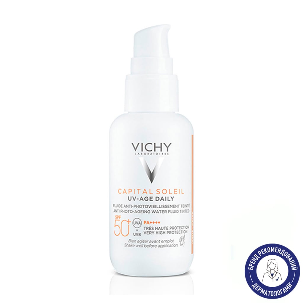 Сонцезахисний невагомий флюїд Vichy Capital Soleil UV-Age Daily SPF50+ проти ознак фотостаріння шкіри обличчя з універсальним тонувальним пігментом, 40 мл