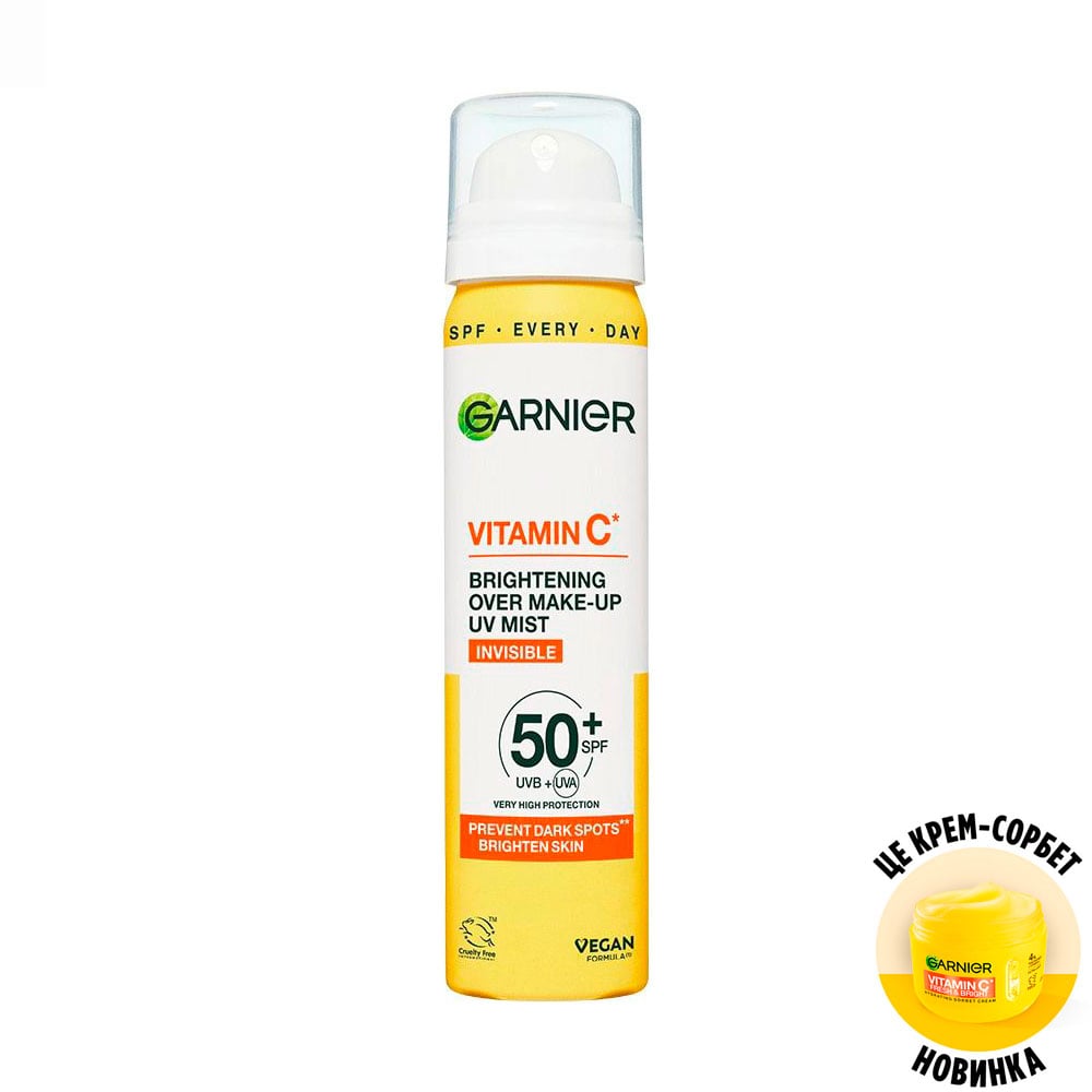 Сонцезахисний спрей-міст для обличчя Garnier Vitamin C Brightening Over Make-Up UV Mist, SPF 50+, з вітаміном С, 75 мл