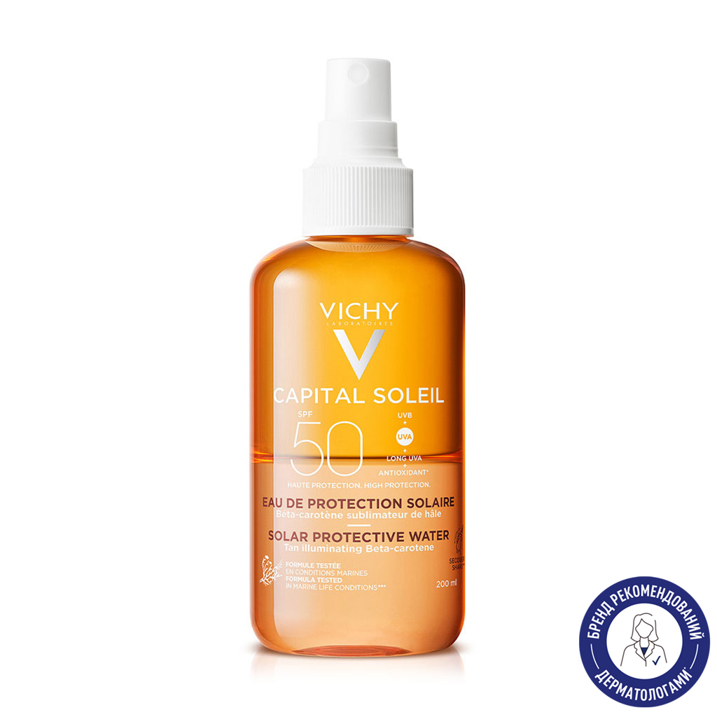 Сонцезахисний водний двофазний спрей для обличчя та тіла Vichy Capital Soleil Solar Protective Water SPF 50 з бета-каротином, 200 мл