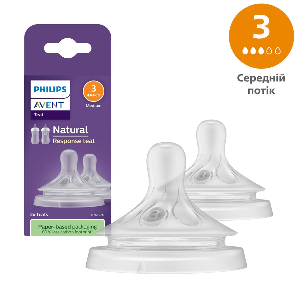 Соска PHILIPS AVENT Natural середній потік (3), від 1 місяця, 2 шт (SCY963/02)