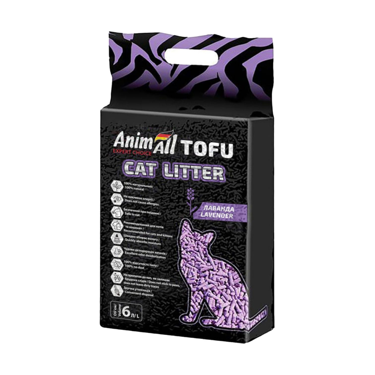 Соєвий наповнювач для котячого туалету AnimAll Tofu грудкувальний, з ароматом лаванди, 6 л, 2.6 кг
