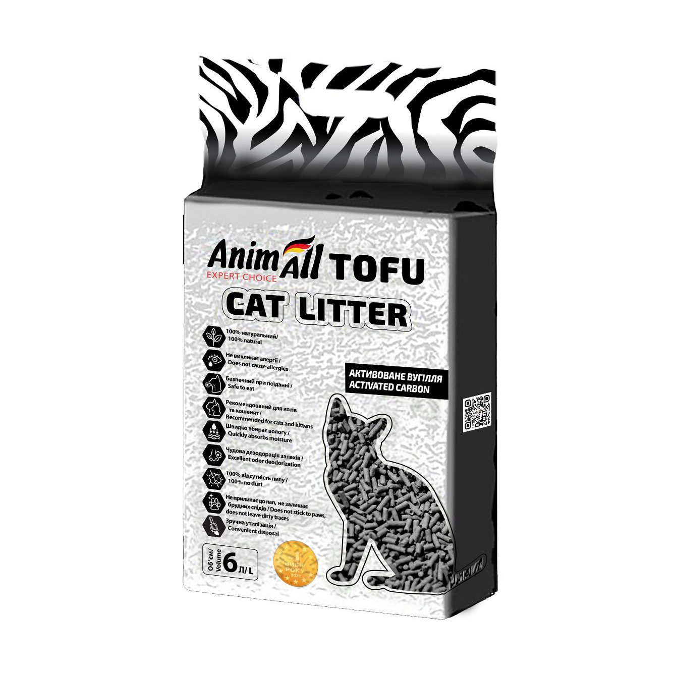 Соєвий наповнювач для котячого туалету AnimAll Tofu грудкувальний, з активованим вугіллям, 6 л, 2.6 кг
