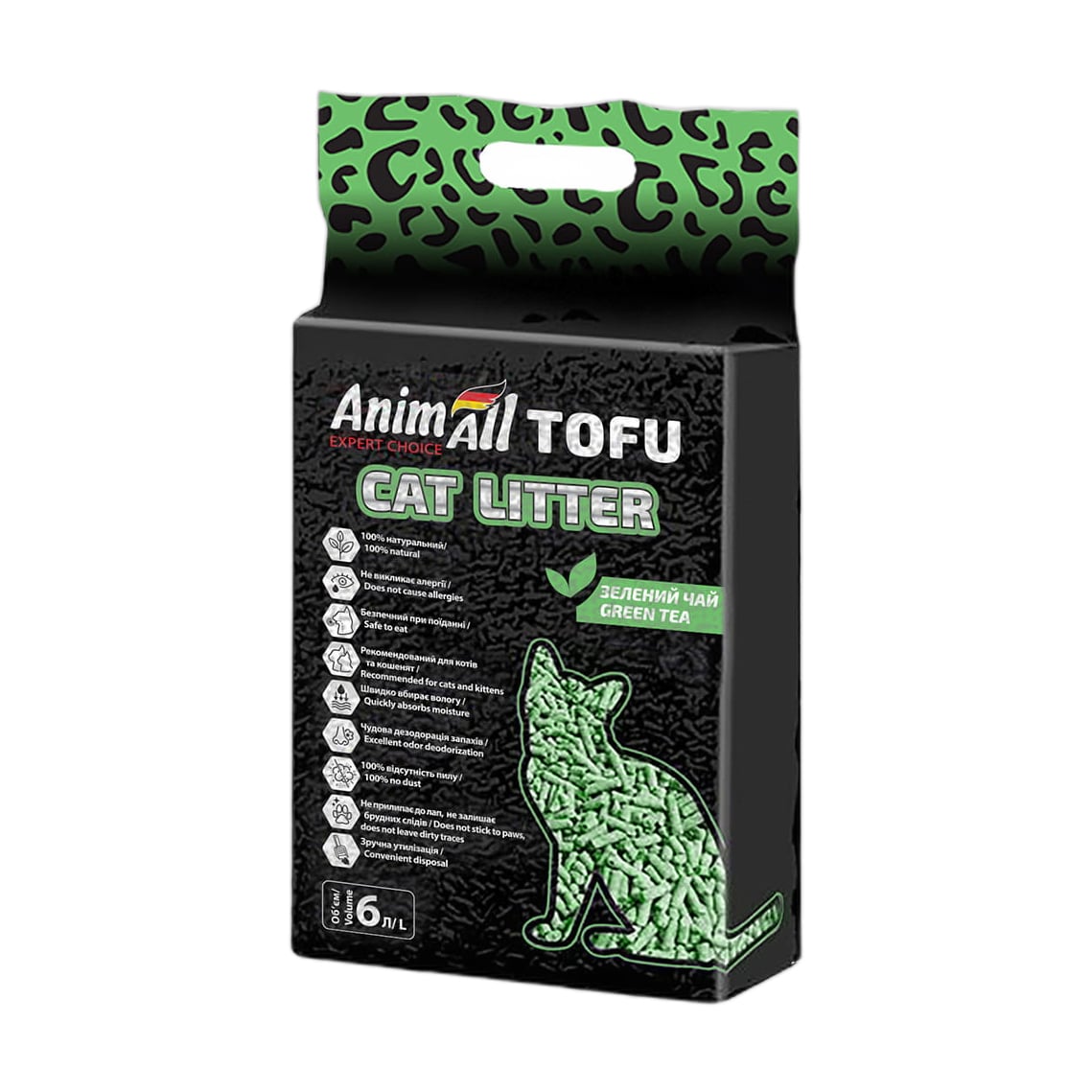 Соєвий наповнювач для котячого туалету AnimAll Tofu грудкувальний, з ароматом зеленого чаю, 6 л, 2.6 кг