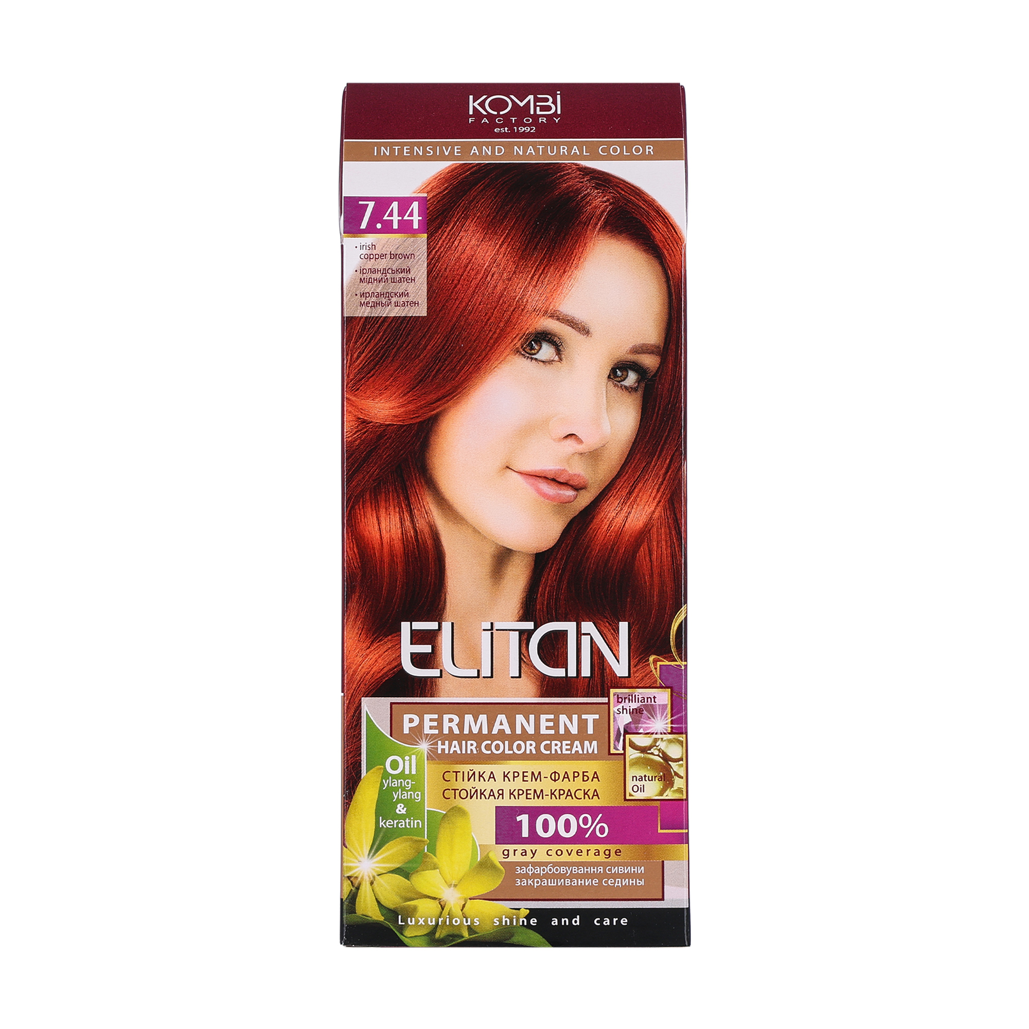 Стійка крем-фарба для волосся Elitan Permanent Hair Color Cream 7.44 Ірландський мідний шатен, 115 мл