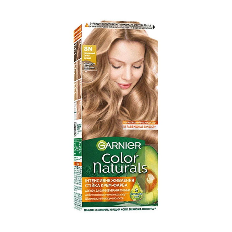 Стійка крем-фарба для волосся Garnier Color Naturals з п'ятьма оліями, 8N Натуральний світло-русявий, 110 мл