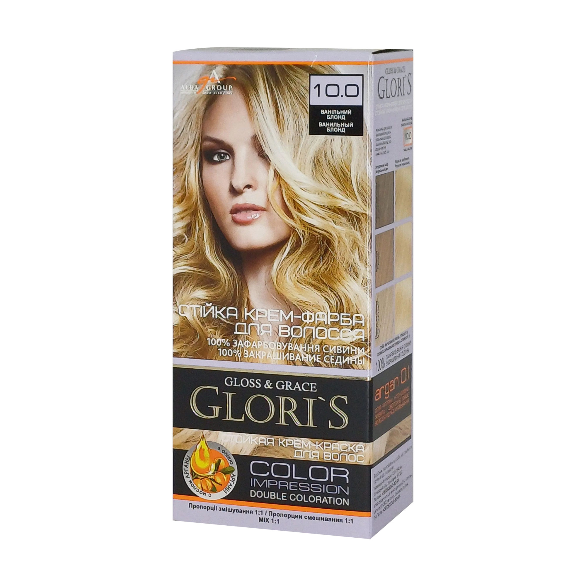 Стійка крем-фарба для волосся Glori's Gloss &amp; Grace для двох застосувань 10.0 Ванільний блонд, 130 мл