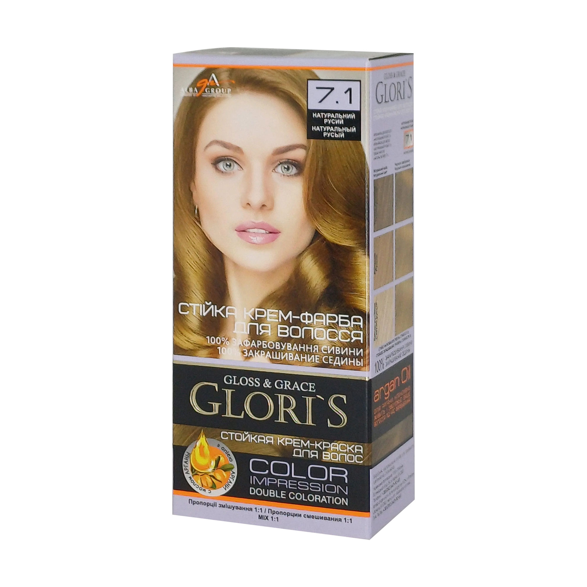 Стійка крем-фарба для волосся Glori's Gloss &amp; Grace для двох застосувань 7.1 Натуральний русявий, 130 мл