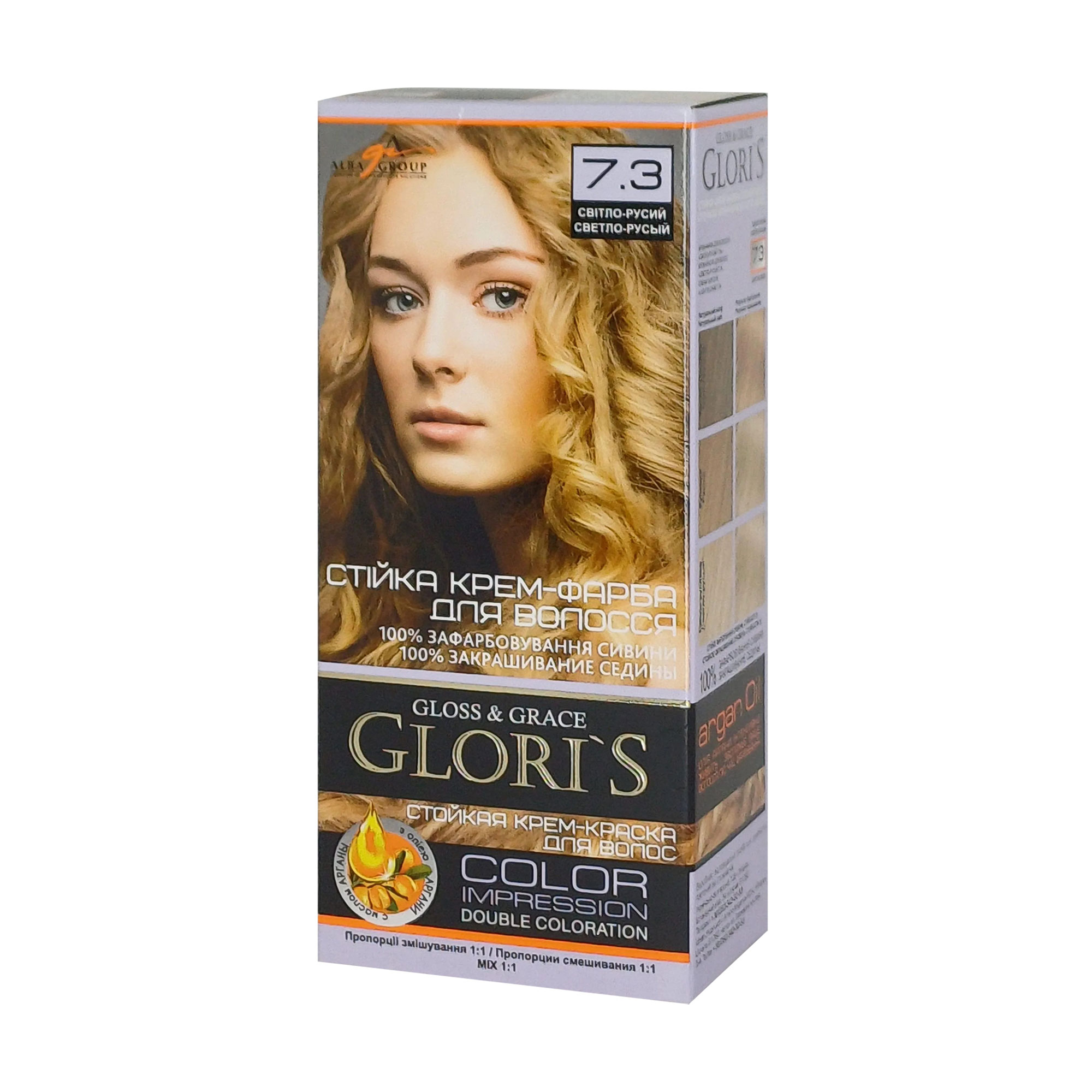 Стійка крем-фарба для волосся Glori's Gloss &amp; Grace для двох застосувань 7.3 Світло-русявий, 130 мл