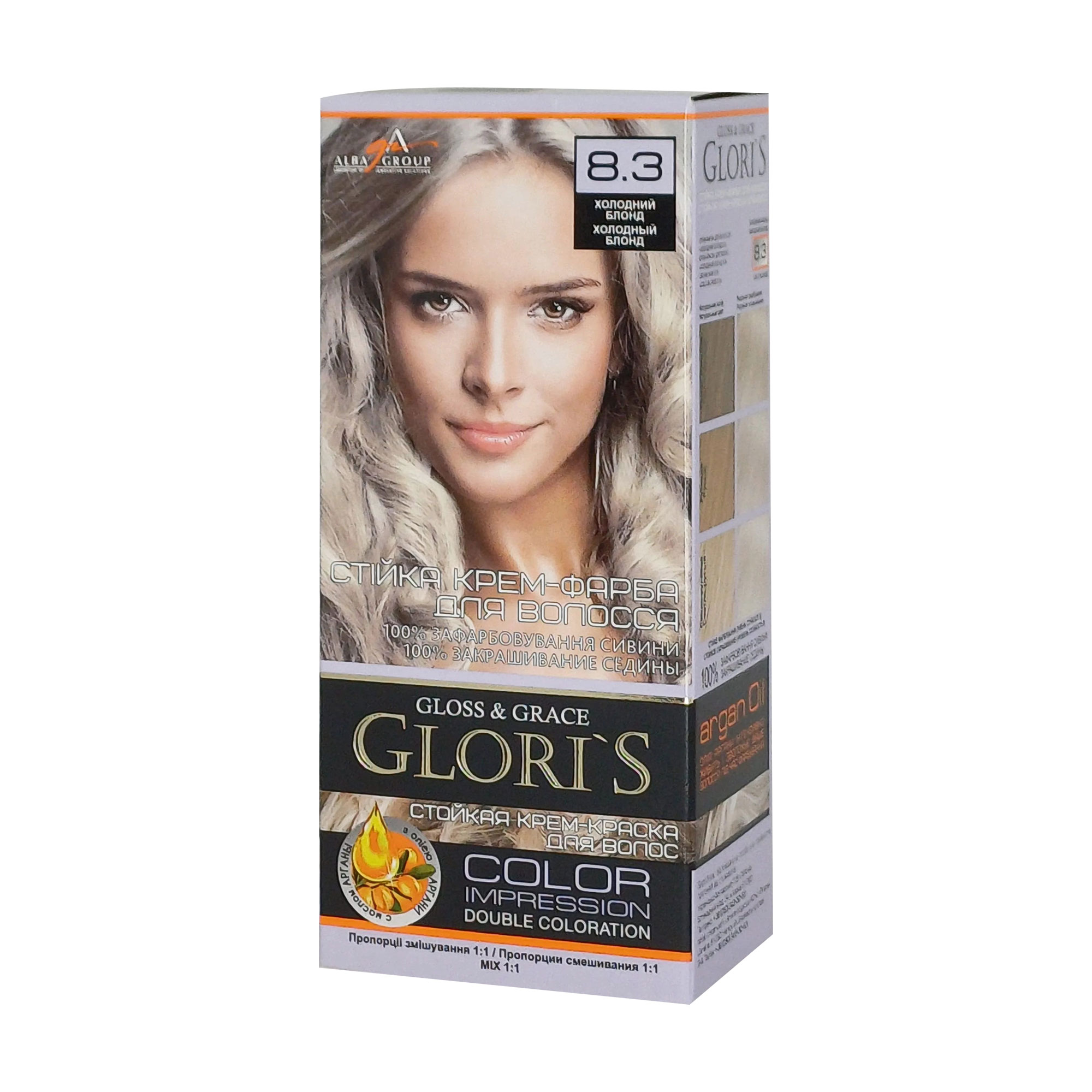 Стійка крем-фарба для волосся Glori's Gloss &amp; Grace для двох застосувань 8.3 Холодний блонд, 130 мл