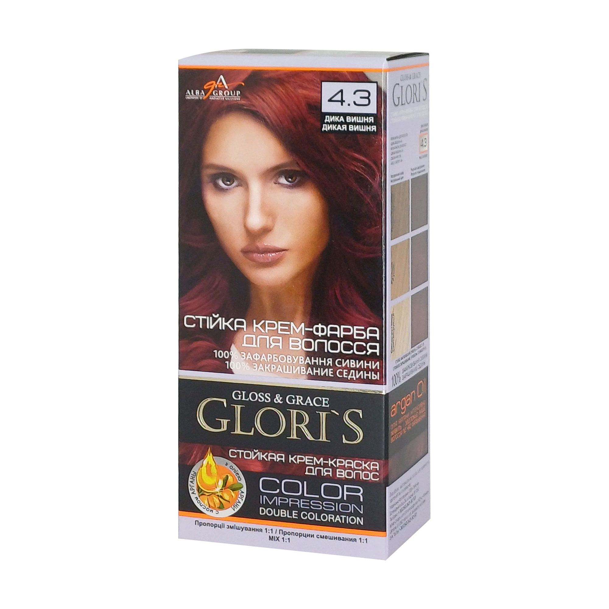 Стійка крем-фарба для волосся Glori's Gloss &amp; Grace для двох застосувань 4.3 Дика вишня, 130 мл
