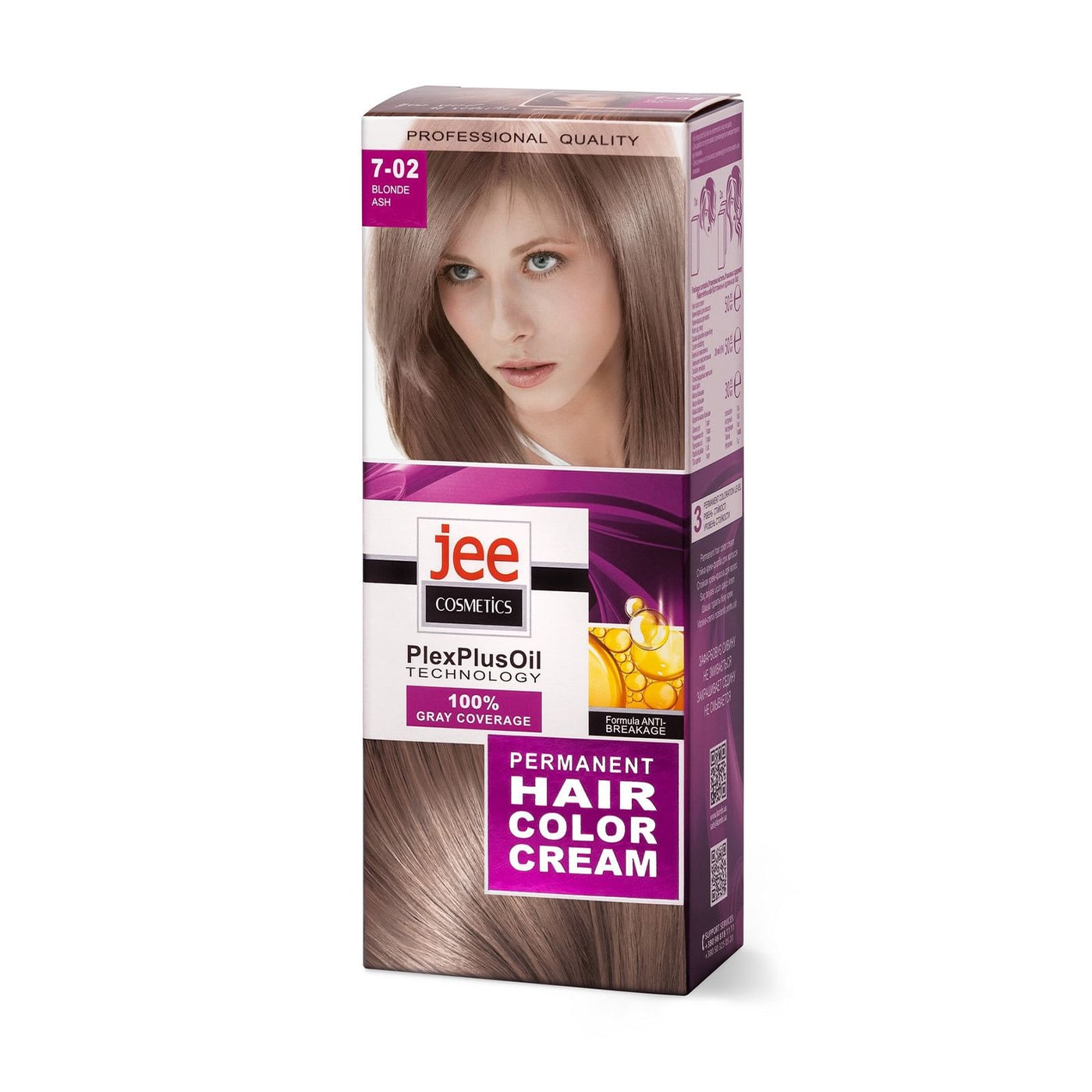 Стійка крем-фарба для волосся Jee Cosmetics Permanent Hair Color Cream 7-02 Світло-русявий попелястий, 115 мл