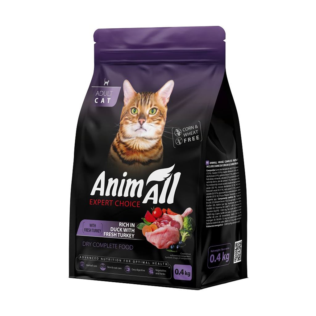 Сухий корм для дорослих котів AnimAll зі свіжою індичкою та качкою, 400 г