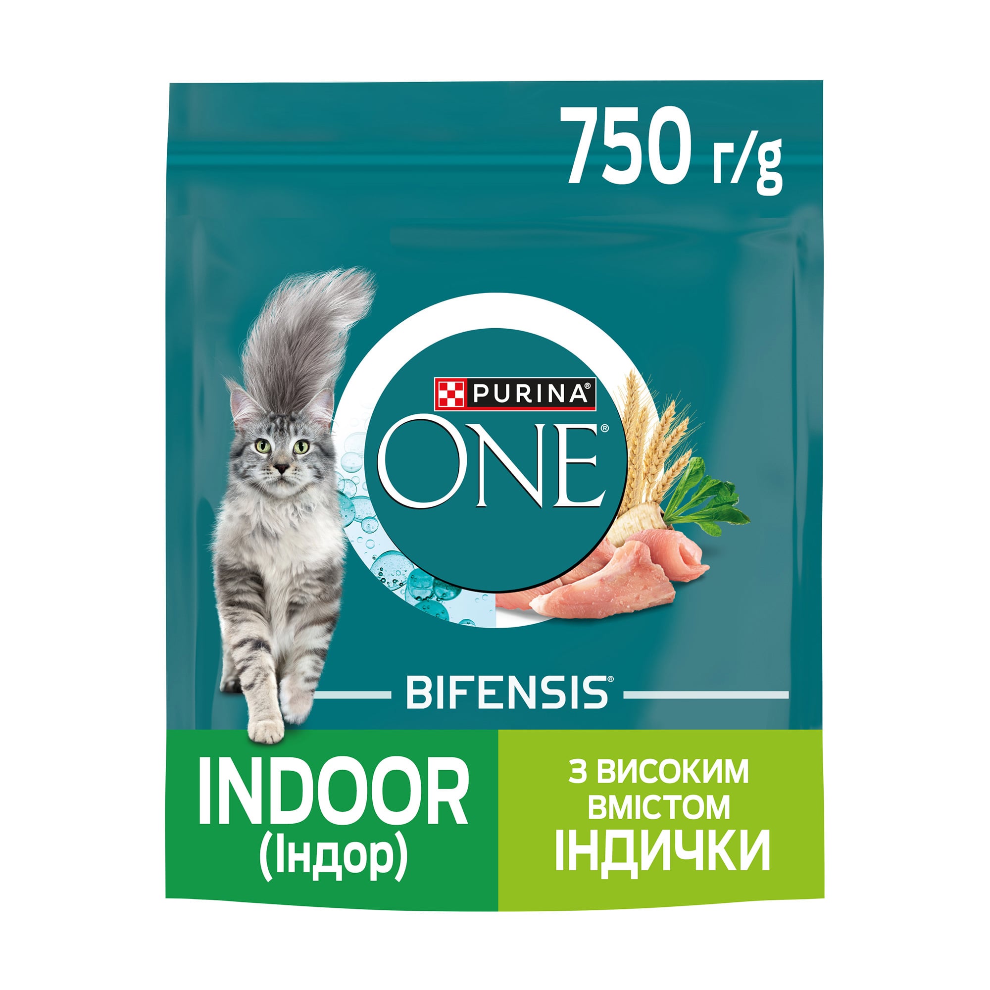 Сухий корм для дорослих котів які живуть у приміщенні Purina One Indoor, комплекс Bifensis, з високим вмістом індички, 750 г