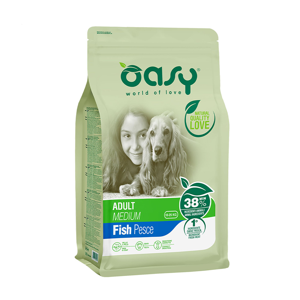 Сухий корм для дорослих собак середніх порід Oasy Lifestage Adult Medium Fish з рибою, 12 кг