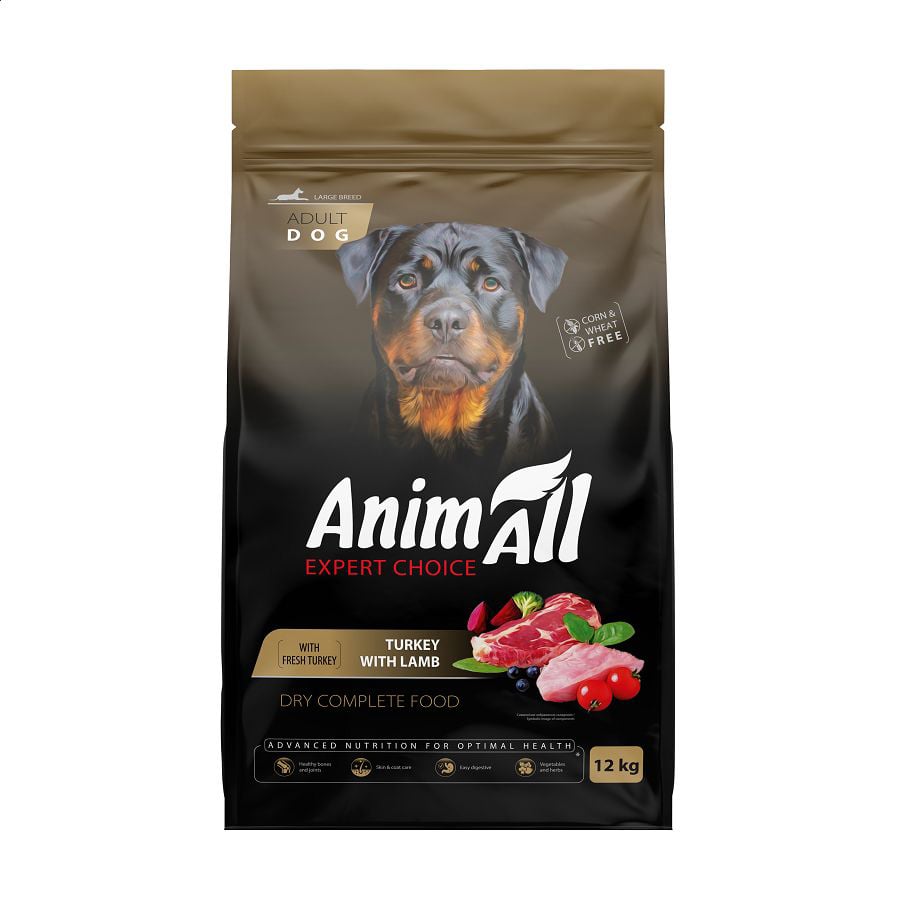 Сухий корм для дорослих собак великих порід AnimAll зі свіжою індичкою та ягням, 12 кг