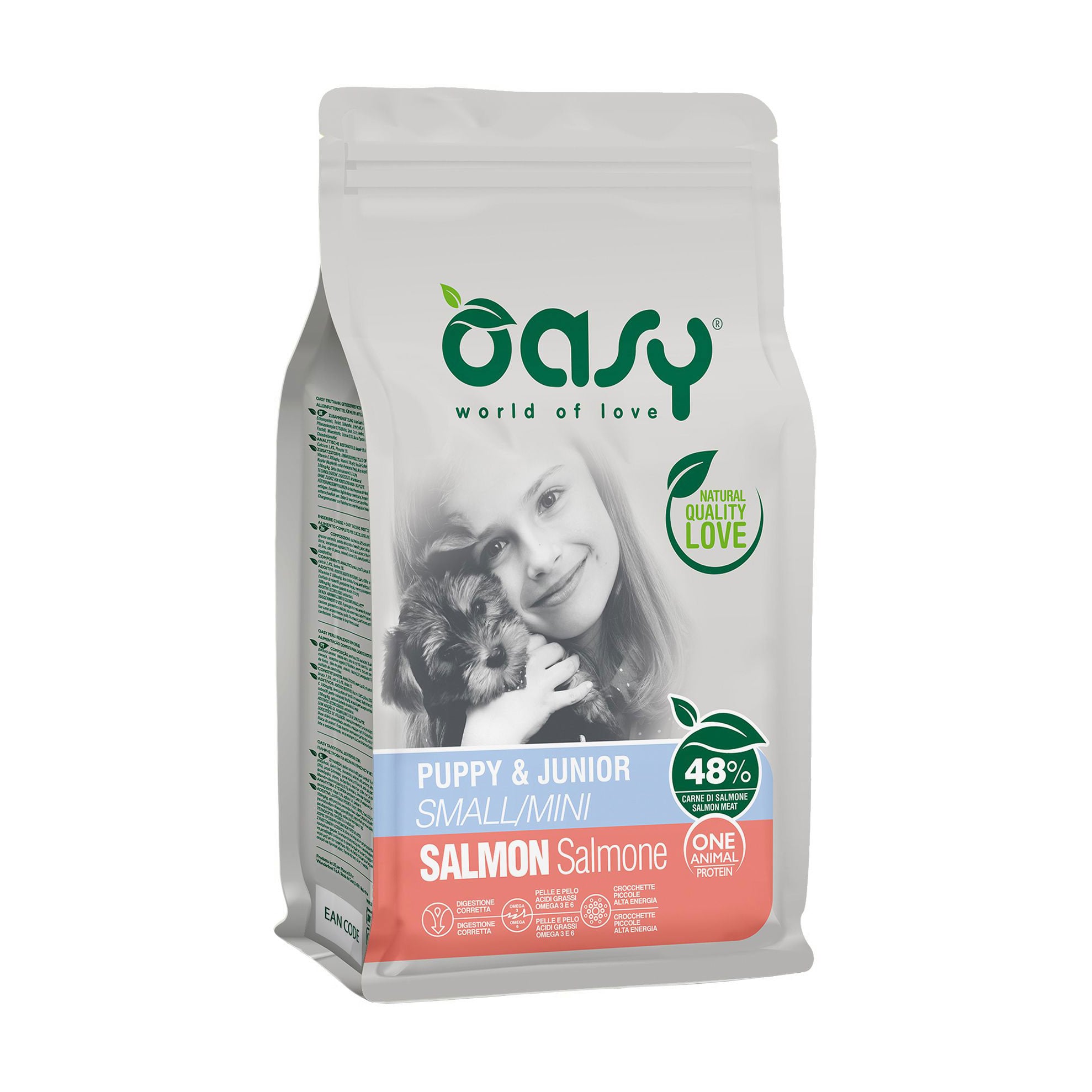 Сухий корм для цуценят малих порід Oasy One Animal Protein Puppy &amp; Junior Small/Mini з лососем, 800 г