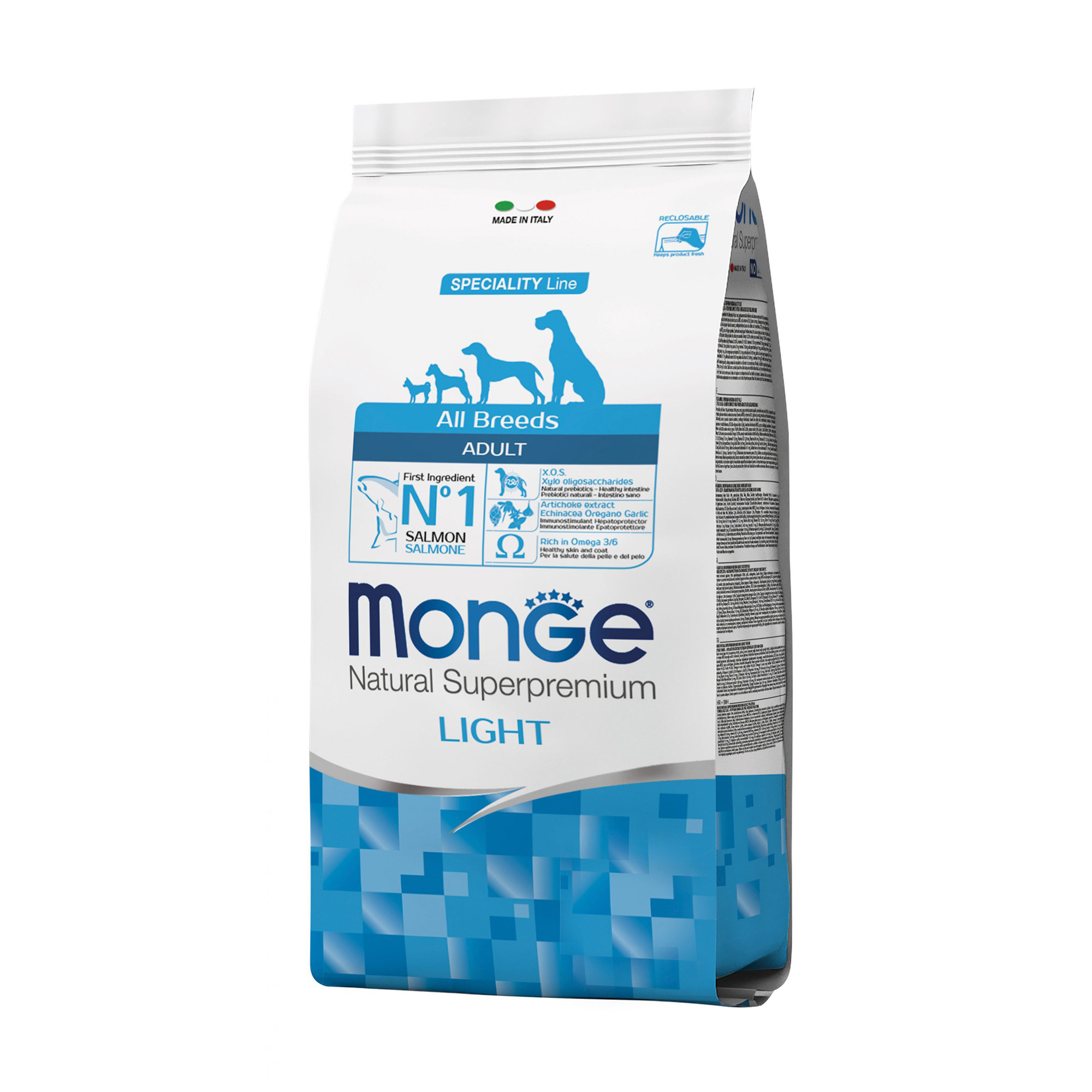 Сухий корм Monge All Breeds Adult Light для собак всіх порід, зі смаком лосося з рисом, 2.5 кг