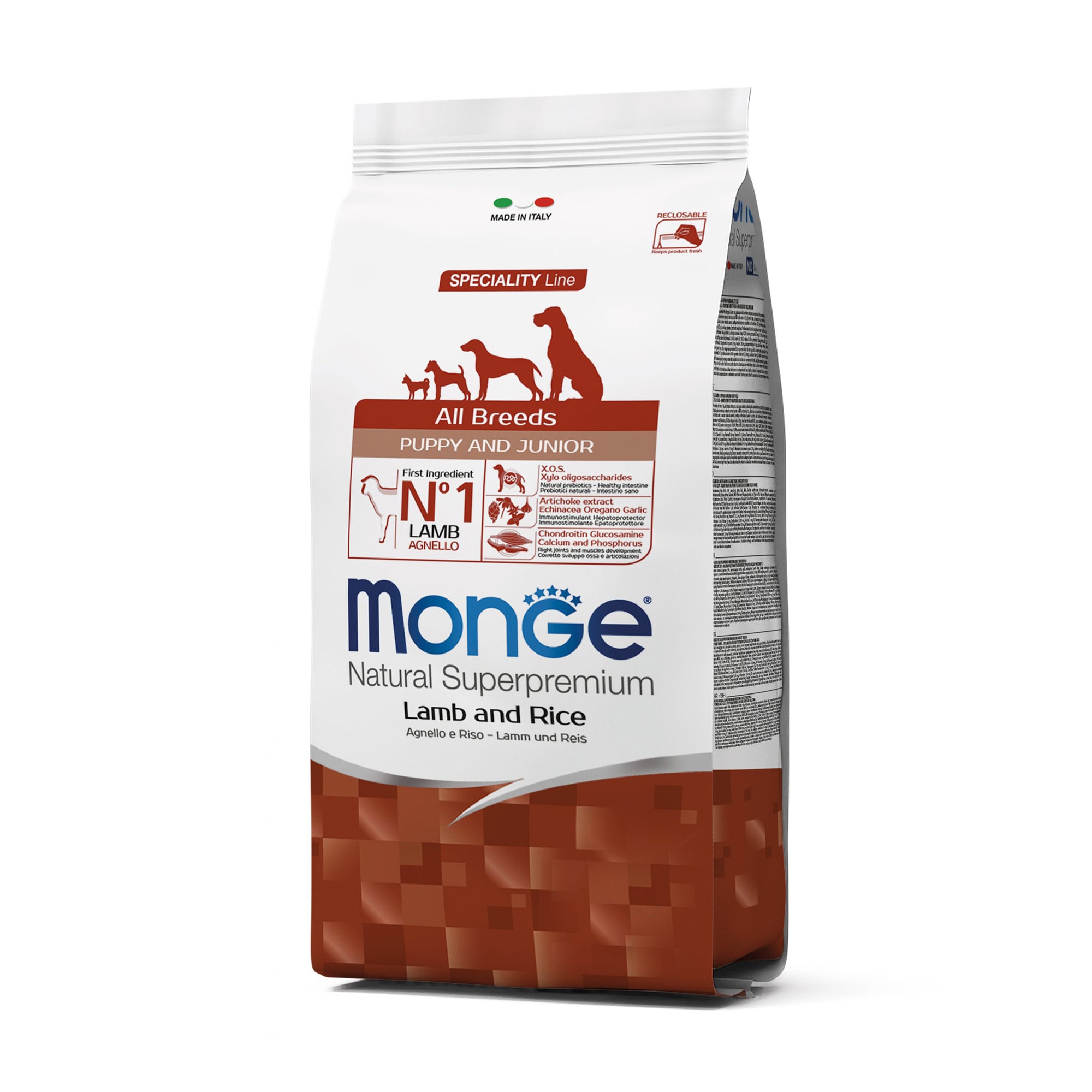Сухий корм Monge All Breeds Puppy &amp; Junior для цуценят та собак всіх порід, зі смаком ягня з рисом, 800 г