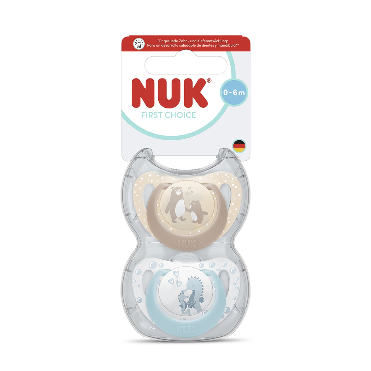 Силіконова ортодонтична пустушка NUK First Choice від народження до 6 місяців, ведмідь/морський коник, 2 шт (3954180)