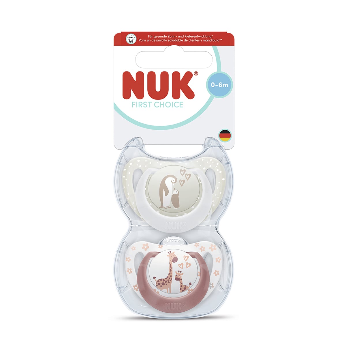 Силіконова ортодонтична пустушка NUK First Choice від народження до 6 місяців, пінгвін/жираф, 2 шт (3954181)