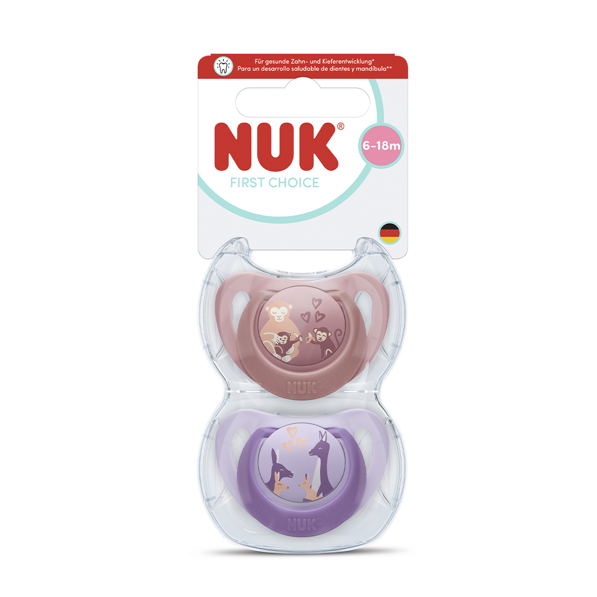 Силіконова ортодонтична пустушка NUK First Choice від 6 місяців до 1.5 року, мавпа/кенгуру, 2 шт (3954182)