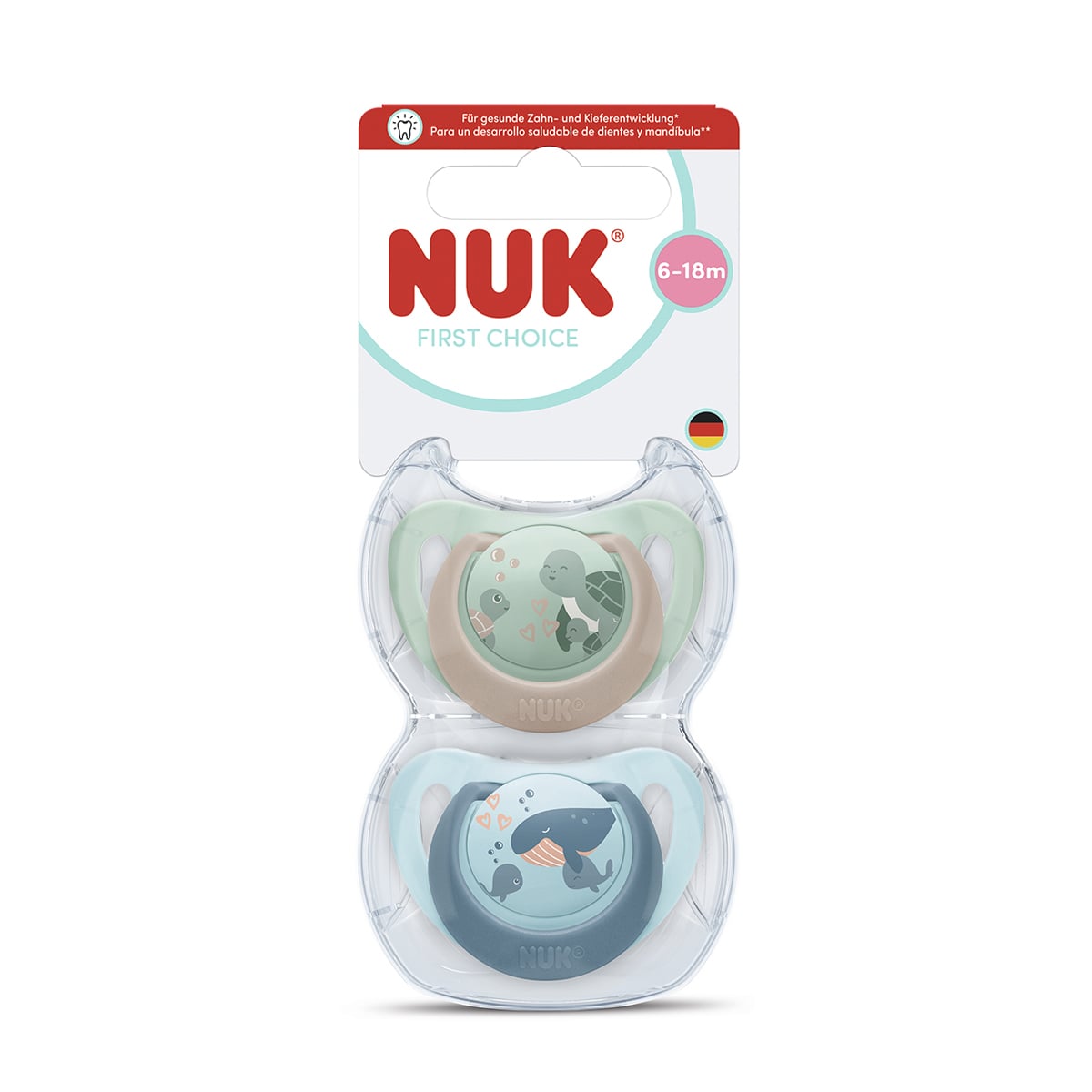 Силіконова ортодонтична пустушка NUK First Choice від 6 місяців до 1.5 року, черепаха/кит, 2 шт (3954183)