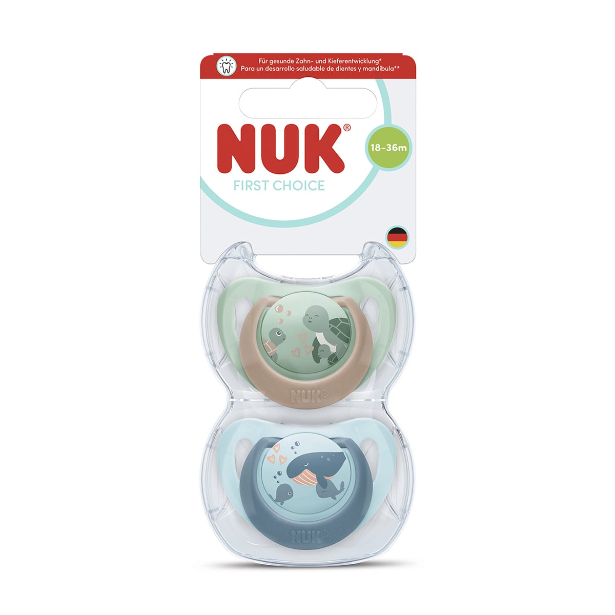 Силіконова ортодонтична пустушка NUK First Choice від 1.5 року до 3 років, черепаха/кит, 2 шт (3954185)