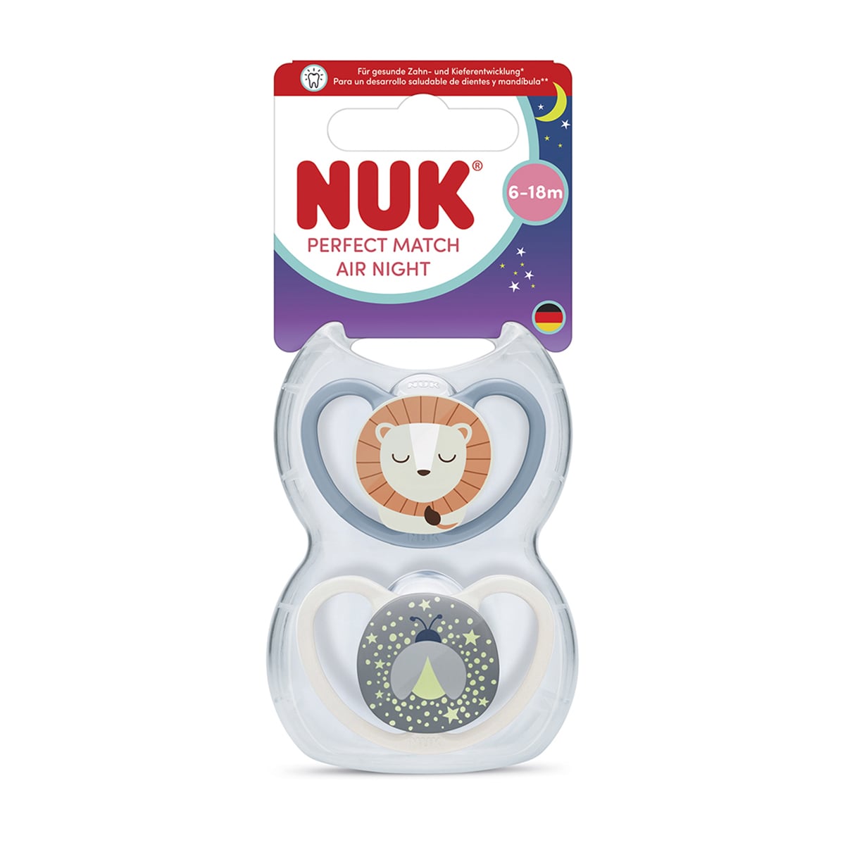 Силіконова ортодонтична пустушка NUK Perfect Match Air Night від 6 місяців до 1.5 року, левеня/зірки, 2 шт (3954167)