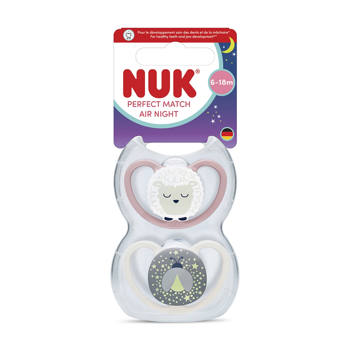 Силіконова ортодонтична пустушка NUK Perfect Match Air Night від 6 місяців до 1.5 року, вівця/зірки, 2 шт (3954168)