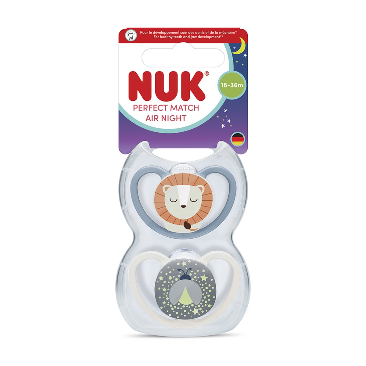 Силіконова ортодонтична пустушка NUK Perfect Match Air Night від 1.5 року до 3 років, левеня/зірки, 2 шт (3954169)