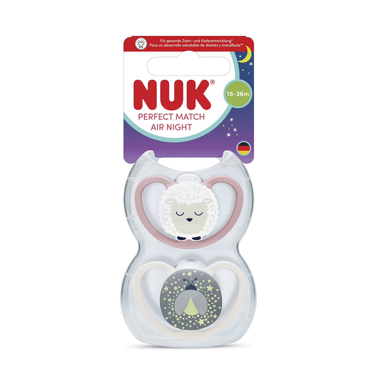Силіконова ортодонтична пустушка NUK Perfect Match Air Night від 1.5 року до 3 років, вівця/зірки, 2 шт (3954170)