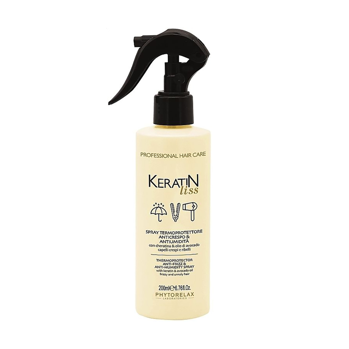 Термозахист Phytorelax Laboratories Keratin Liss Thermoprotector Anti-Frizz &amp; Anti-Humidity Spray Водостійкий, для розгладження волосся, 200 мл