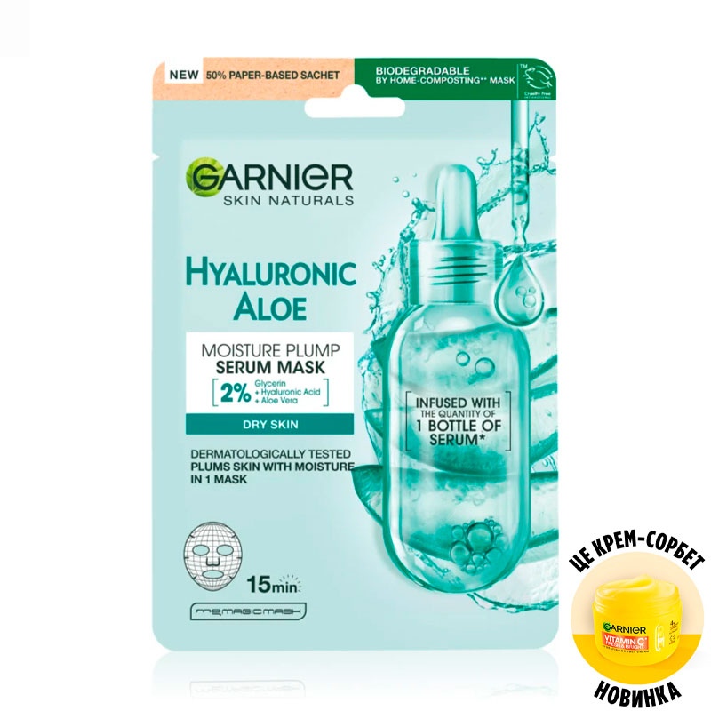 Тканинна алое-маска для обличчя GARNIER Skin Naturals Hyaluronic Aloe, 28 г