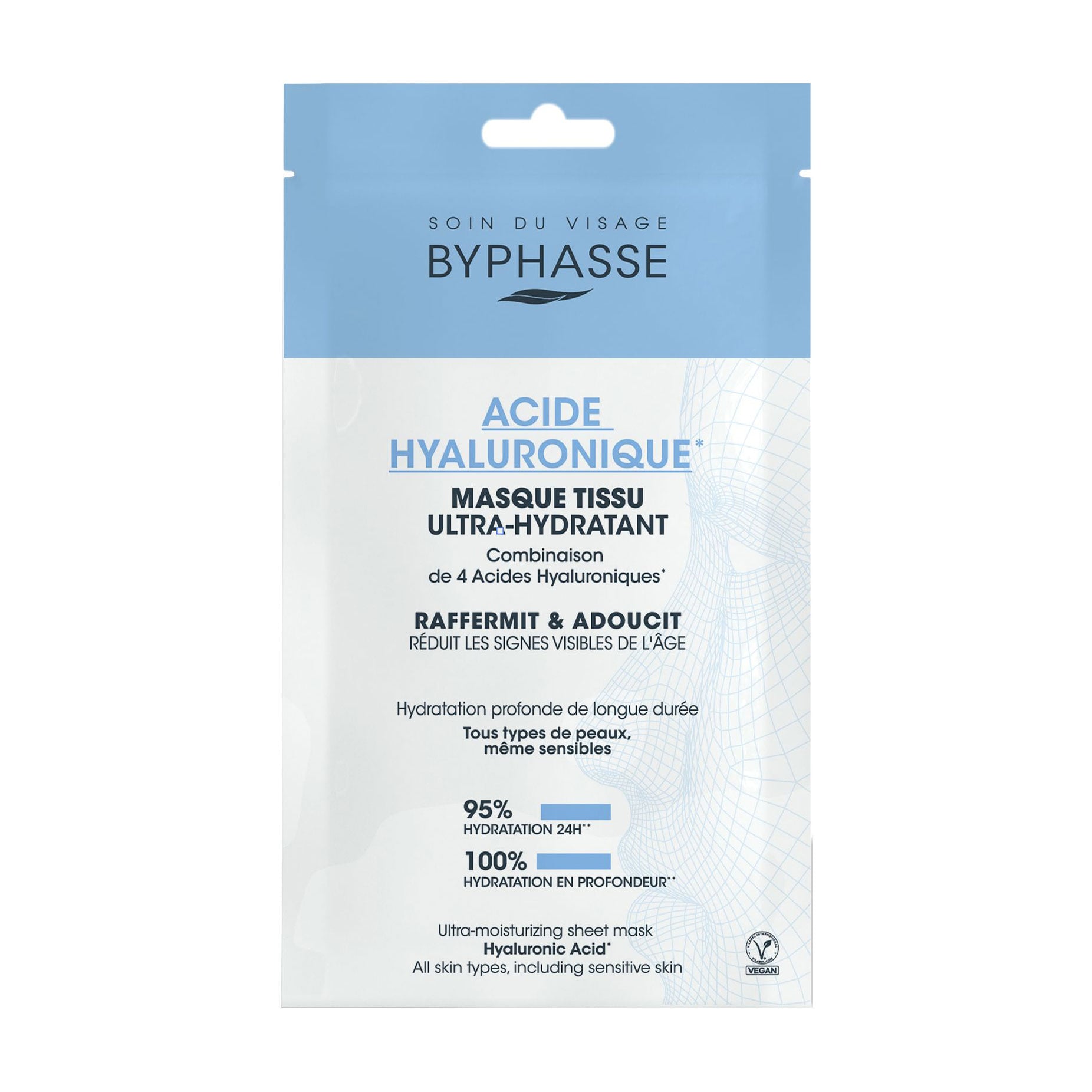Тканинна маска для обличчя Byphasse Acide Hyaluronique Raffermit &amp; Adoucit Ultra-Moisturizing Sheet Mask з гіалуроновою кислотою, 18 мл