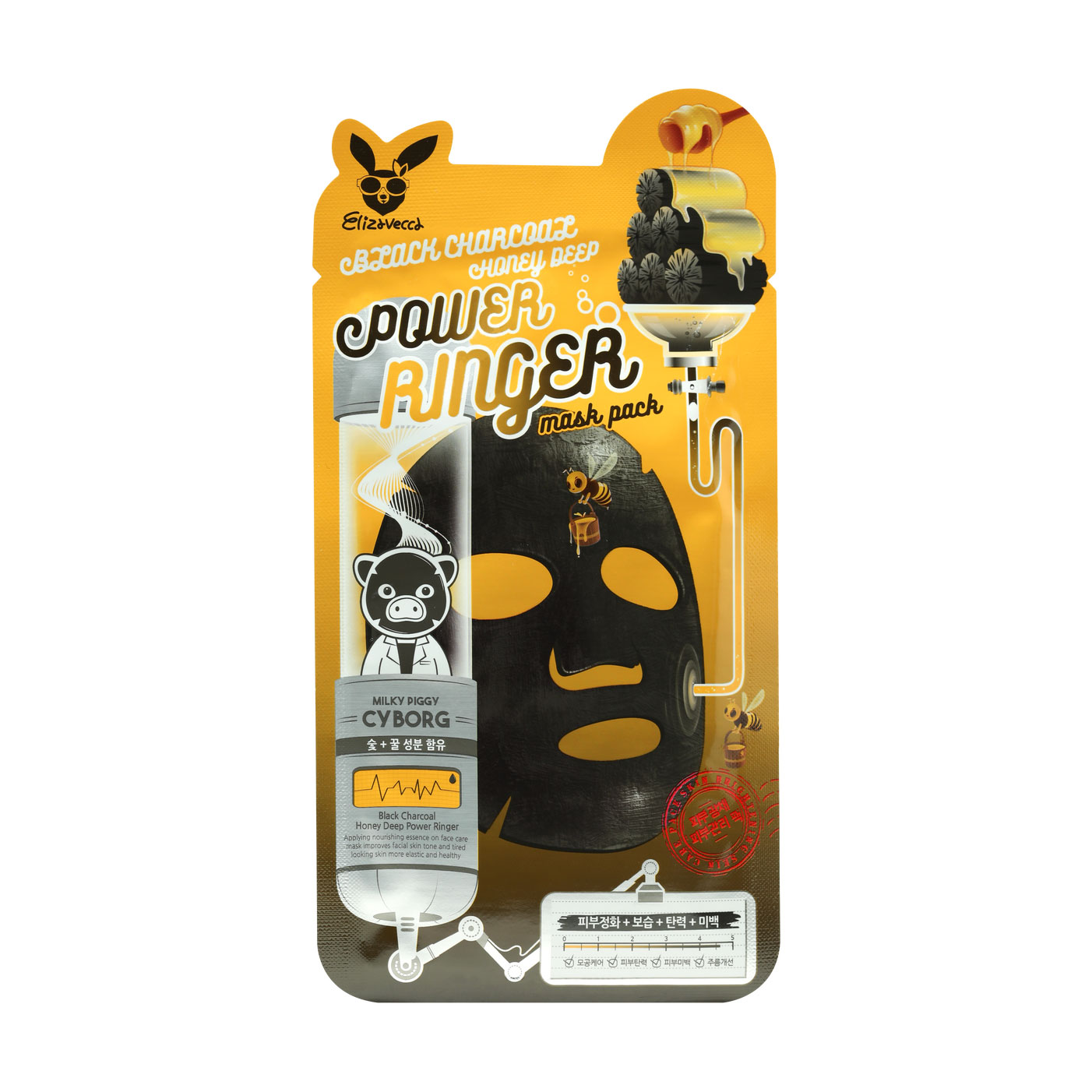 Тканинна маска для обличчя Elizavecca Milky Piggy Cyborg Black Charcoal Honey Deep Power Ringer Mask Pack, 23 мл