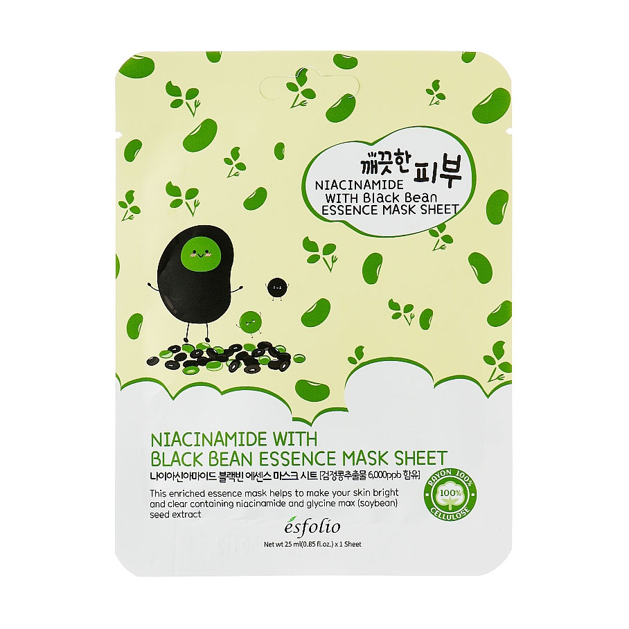 Тканинна маска для обличчя Esfolio Pure Skin Niacinamide With Black Bean Essence Mask Sheet з ніацинамідом та чорною квасолею, 25 мл