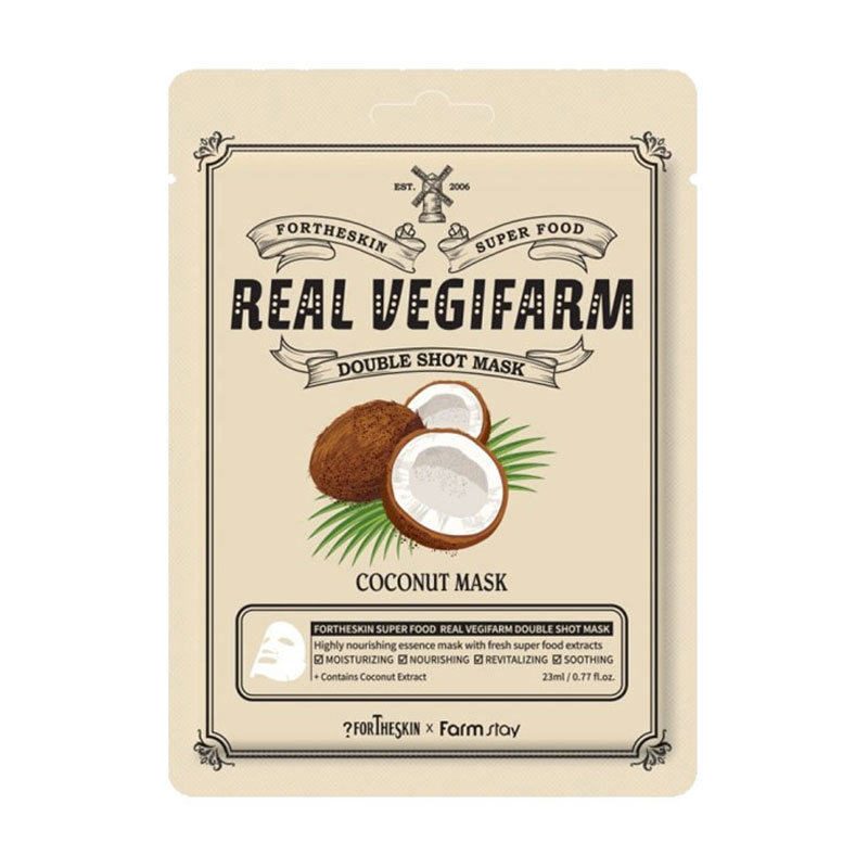 Тканинна маска для обличчя Fortheskin Super Food Real Vegifarm Double Shot Mask Coconut, 23 мл