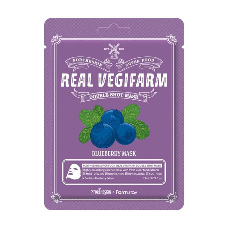 Тканинна маска для обличчя Fortheskin Super Food Real Vegifarm Double Shot Mask Blueberry, 23 мл