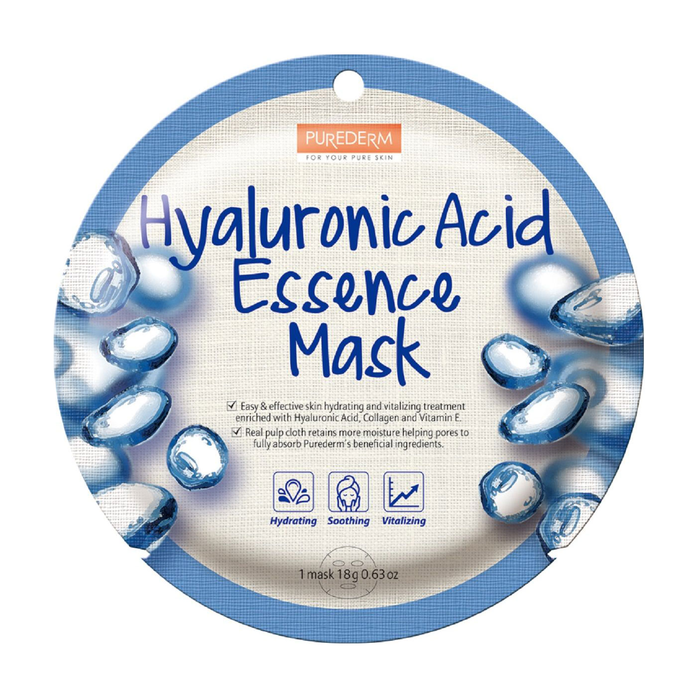 Тканинна маска для обличчя Purederm Hyaluronic Acid Essence Mask з гіалуроновою кислотою, 18 г