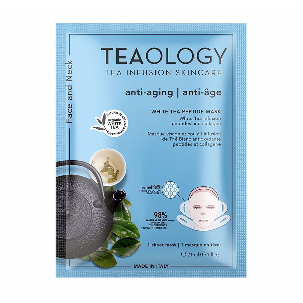 Тканинна маска для обличчя Teaology White Tea Peptide Face and Neck Mask, 21 мл