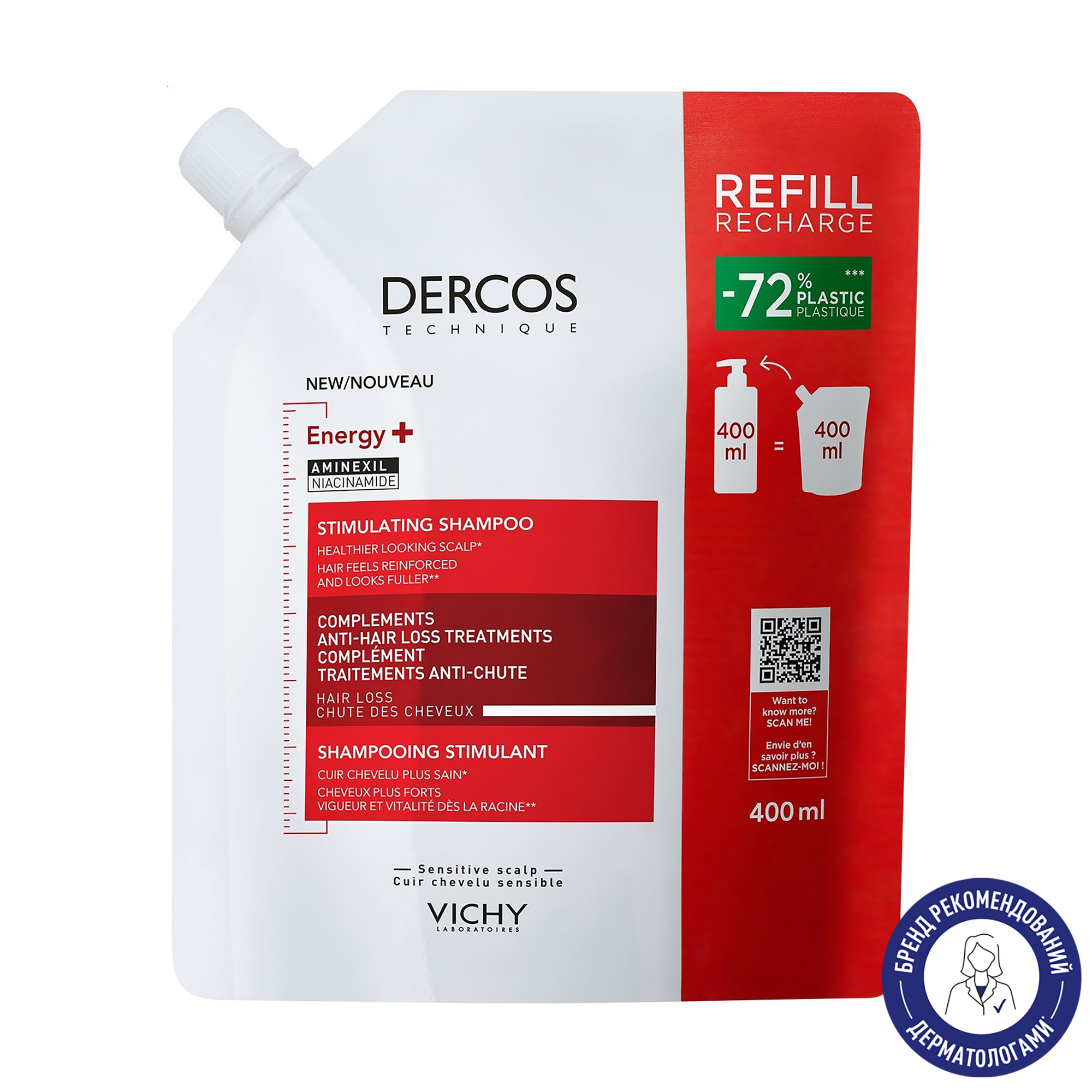 Тонізувальний шампунь для волосся Vichy Dercos Energy+ Stimulating Shampoo для боротьби з випадінням волосся, 400 мл (змінний блок)