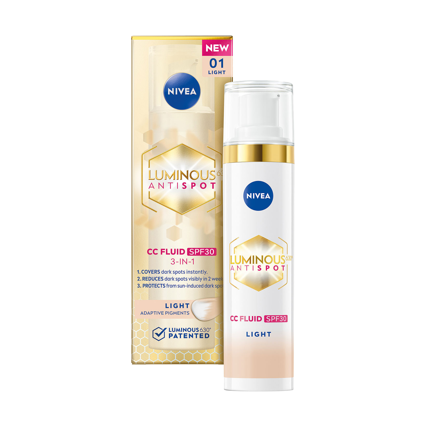 Тонувальний флюїд для обличчя NIVEA Luminous 630 CC Fluid 3 in 1 SPF 30, Light, 40 мл