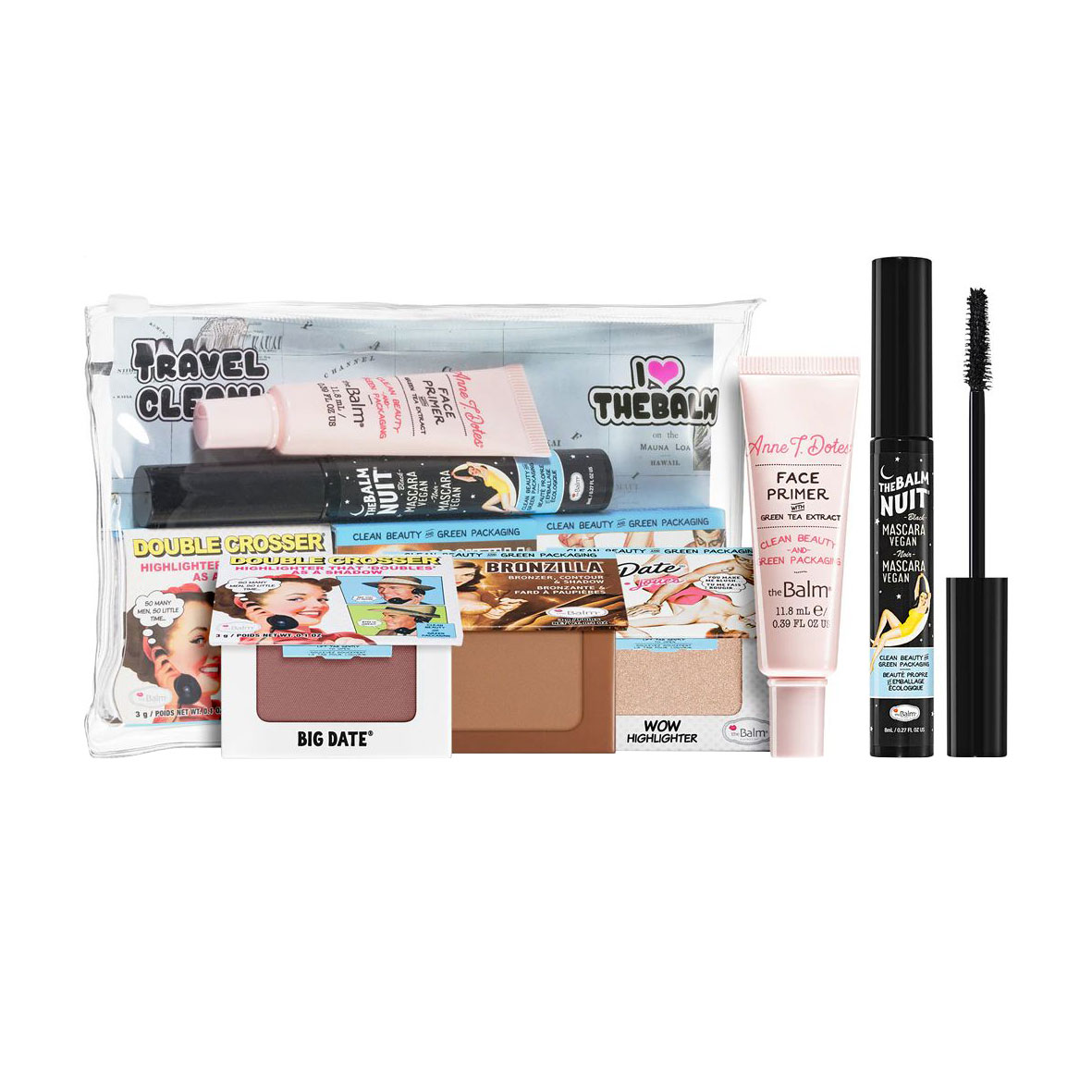 Тревел набір для макіяжу обличчя theBalm Clean &amp; Green (туш, 8 мл + основа під макіяж, 11.8 мл + рум'яна, 3 г + бронзатор, 2.2 г + хайлайтер, 3 г)