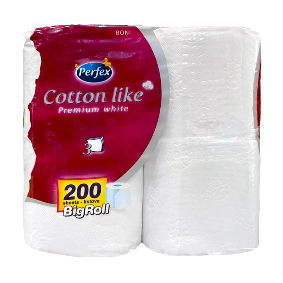 Туалетний папір Boni Perfex Cotton Like Premium White, 3-шаровий, білий, 200 відривів, 4 рулони